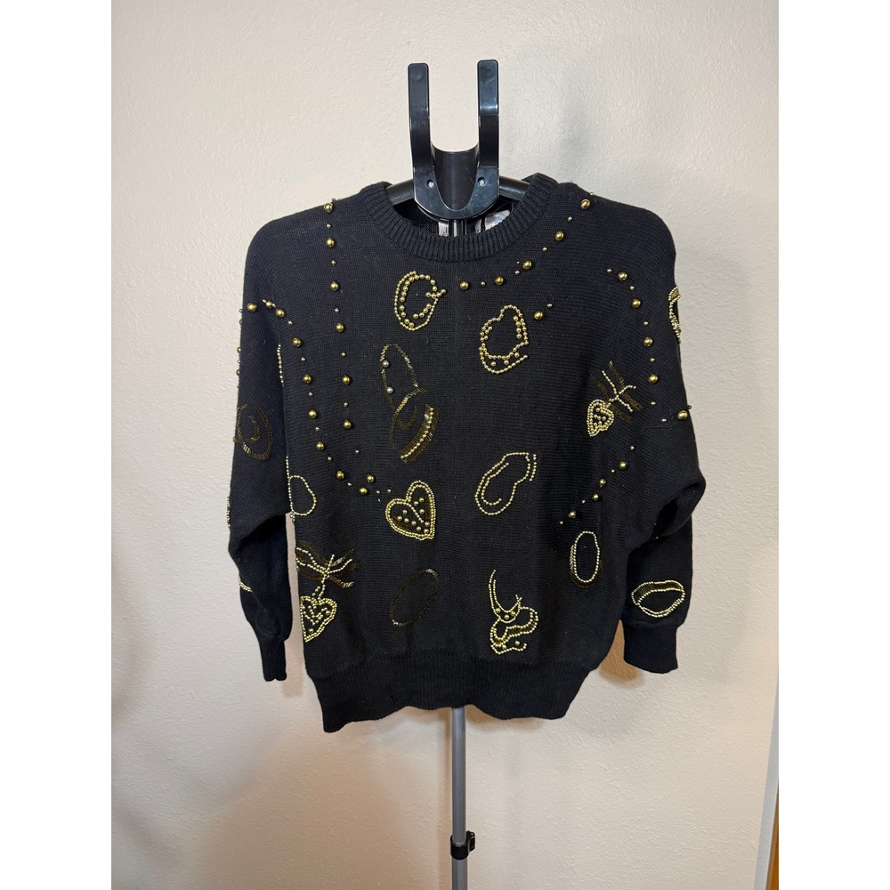 Jessica Stevens Vintage Black‎ Gold Beaded Sequin Sweater Womens Medium